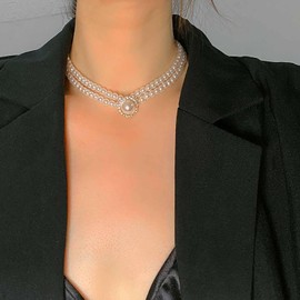 Vacaonio Boho Layered Pearl Choker Necklace Cz Pearl Pendent Necklace Gold Pearl Necklace Chain Crystal Pearl Collar Necklace Pearl Bead Necklace Jewelry for Women