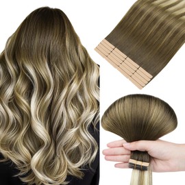 hotbanana Tape in Extensions Echthaar, 35cm Tape Extensions Echthaar 14 Zoll 10 Stück 25g Ombré Walnuss Braun bis Ash Braun und Bleach Blonde Echthaar Extensions Tape Gerade Echthaar Tape Extensions