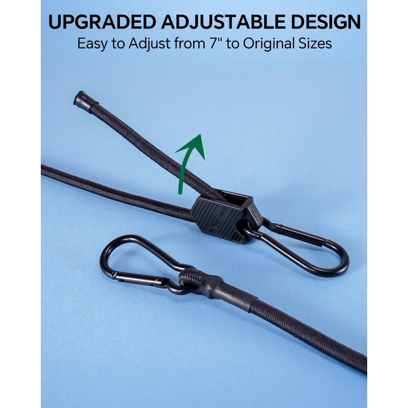 Lucky Straps Adjustable Carabiner Bungee Cords with Hooks, Black Bungee