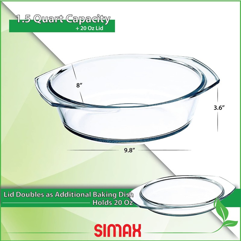 Simax Casserole Dish with Lid, 1.5 Quart Round Glass Casserole