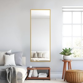 KIAYACI Full Length Floor Mirror with Stand 43"x16" Large Wall Mounted Full Body Mirror Horizontal/Vertical Bedroom Mirror Dressing Mirror Aluminum Alloy Frame Gold