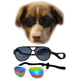 G010 Dog Pet Costume Prop Aviator Sunglasses Medium Breeds 20-40 lbs (2-Pack Black+Crystal Clear-Rainbow mr)