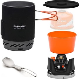 Fire Maple Star FMS-X1 Ultralight Compact Windproof Cooking Jet Boiler Stove | Titanium Spork Piezo Ignition POT Support & Stand - 1L (Black | FREE Titanium Spork)