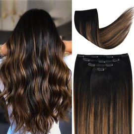 16" Hair Extensions Balayage Clip in Human Hair for Women - Silky Straight Natural Black to Chestnut Brown Highlight Black Ombre Hair 55grams 4pieces #(1BT6) P1B Color