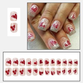 24 Pcs Press on Nails Short Square - MINGCHUN Pink Fake Nails Press ons Nail Art Tip Glitter Heart Design Full Cover Acrylic Nail Kit False Nails Glue on Nails Stick on Nails for Women