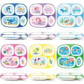 Hushee 6 Pcs 9.4 x 8.2 Inch Dinner Plates for Kids Boys Girls Summer Ocean Theme Dinnerware Set Plastic Divided Plates Serving Dishes Summer Ocean Sea Pool Shark Mermaid Flamingo Beach