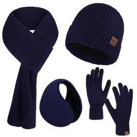 Aneco Juego de gorro de invierno para hombre, 4 piezas, bufanda de punto, gorro, gorro, orejeras, para hombres y mujeres, Azul marino, Medium
