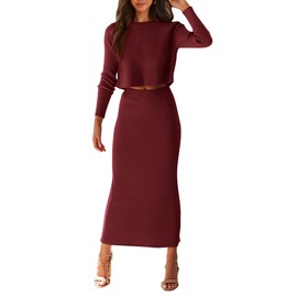 PRETTYGARDEN Women's Spring Fall 2 Piece Sweater Set Rib Knit Long Sleeve Crop Top Maxi Bodycon Skirt Casual Winter Outfits (Wine Red,Small)