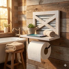 Autumn Alley White Farmhouse Toilet Paper Holder with Shelf for Wipes - Wooden Farmhouse Bathroom Decor - Shabby Chic Bathroom Accessories and Western Bathroom Decor Wall Mounted, White Wood
