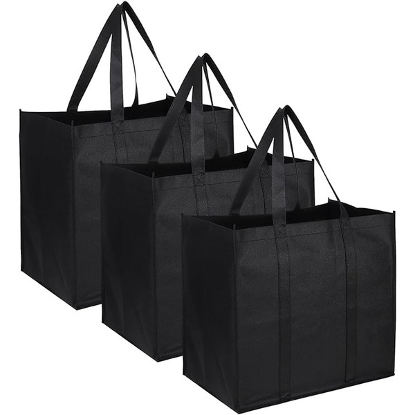 3 Pack Black Reusable Grocery Bags Shopping Bag Tote Bag
