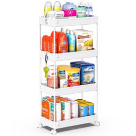 SPACEKEEPER Storage Cart, 4-Tier Mobile Shelving Unit, Bathroom Rolling Cart Utility Storage Organizer Shelf for Kitchen Living Room Bathroom Laundry Room & Dressers, White
