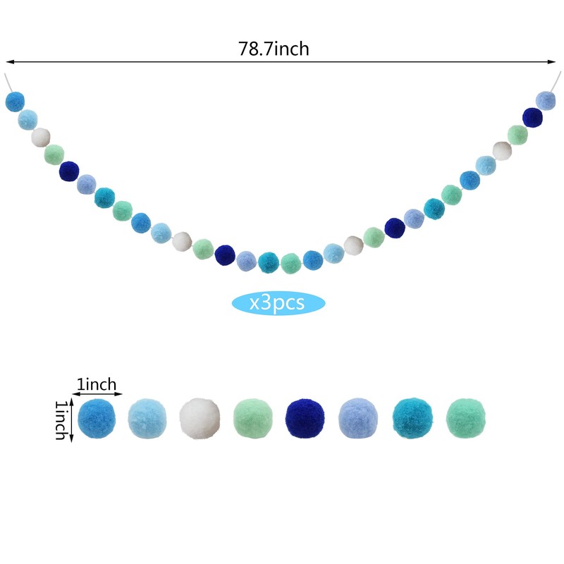 3 guirnaldas de bolas azules con pompones hechos a mano
