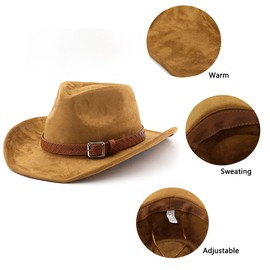 Women Western Cowgirl Hats Men Vintage Cowboy Hat Wide Brim Trendy Fedora Felt Jazz Hat with Buckle Belt (UK, Alpha, One Size, M, Khaki)