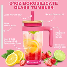 Luxgola 24 oz Glass Tumbler with Handle, Iced Coffee Cup with Bamboo Lid and Straws, Reusable Clear Glass Water Cup With Silicone Bumper - Fits in Car Cup Holder, Dishwasher Safe, BPA Free - Rose Red