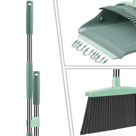Broom and Dustpan Set for Home, Dust pan with Long Handle, Broom with Dustpan Combo Set, for Home Kitchen Room Office Lobby Floor Use Upright Stand Up Sweeping (Gray&Green)