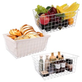 SHUESS 3 Pack Large White Wire Basket, 40 x 28.5 x 15.5cm Freezer Baskets for Chest Freezers, Metal Wire Storage Basket with Removal Cloth Liner, Chest Freezer Organiser for Pantry, Freezer, Shelves