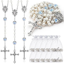 ROCEEI 40 Pcs Catholic Glass Pearl Beads Rosary Necklace 6 mm Beaded Cross Necklace with Crucifix and Rosary for Women (White)