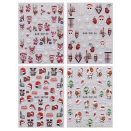 3D Christmas Nail Stickers, 4 Sheets 5D Self-Adhesive Embossed Nail Decal Cartoon Nail Art Decoration Design Supplies NAS062