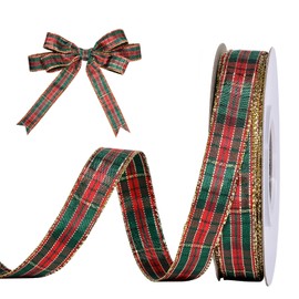 Christmas Plaid Ribbon, 5/8 Inch 25 Yard Woven Edge Gingham Ribbon for Gift Wrapping Crafts Party Home Decoration, Red Green Gold