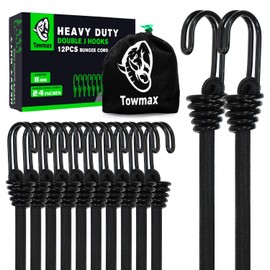 Towmax 24 Inch Bungee Cord with Hooks, Bungee Cord Heavy Duty Outdoor, No Odour Industrial Grade Bungie Cord for Camping, Kayaking or Fastening Items 12 Pcs (Black)