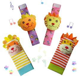 Baby Rattle,URUTOREO Baby Wrist Rattle and Foot Rattles Finder Socks Set, Developmental Soft Animal Rattles Tiger and Lion Socks Toys Infant Baby Toys (4 Pcs)