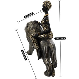 Lescafita African Woman Riding Lion Resin Statue – Tribal Figurine for Home Decor, Elegant Black and Gold Sculpture for Shelf, Desk, or Mantel, Unique for Mom, Friends, Women, Christmas