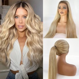 Blonde Highlight Lace Front Wig Human Hair, Pre Plucked Straight 13x6 Lace Frontal Wig for White Women Balayage Chocolate Brown to Golden Blond with Medium Blonde Highlights Human Hair Wig 18 Inch