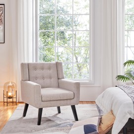 Yaheetech Accent Chair, Modern Button Tufted Armchair, Linen Fabric Sofa Chairs for Living Room Bedroom, Mid-Century Comfy Reading Chair, Beige