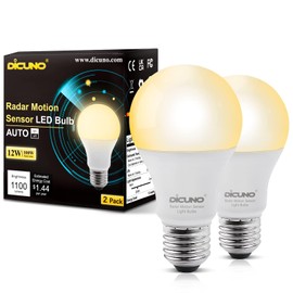 DiCUNO Radar Motion Sensor Light Bulbs Outdoor, 12W (100W Equivalent), Motion Sensor Bulb Auto On/Off, Warm White 3000K, 1100 LM, A19 E26 Indoor/Outdoor Lighting for Front Porch Garage, 2-Pack