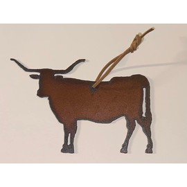 Rustic Metal Animal Christmas Ornaments, 4" Ornament with Suede Hanger (Longhorn)