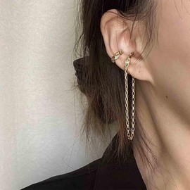 Aneneiceera Boho Cz Circle Cuff Chain Earrings Wide Ring Helix Earrings Gold Dangle Chain Cuff Earrings Non Pierced Clip on Earrings Tassel Chain Earcuff Earring Jewelry for Women and Girls