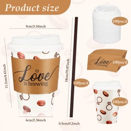 Jingmore 100 Pcs 12 oz Coffee Bridal Shower Cup Set with Love Is Brewing Sleeves and Stirrers Disposable Paper Coffee Cups for Bridal Shower Decorations Engagement Party Supplies(White)