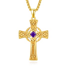 Gold Celtic Cross Necklace for Men Sterling Silver February Birthstone Gold Amethyst Cross Pendant Necklace Protection Jewellery Celtic Gifts for Him
