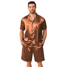 Ekouaer Couples Pajamas Silk Pjs Matching Set Satin Short Sleeve Button Down Loungewear Soft Sleepwear Brown,L