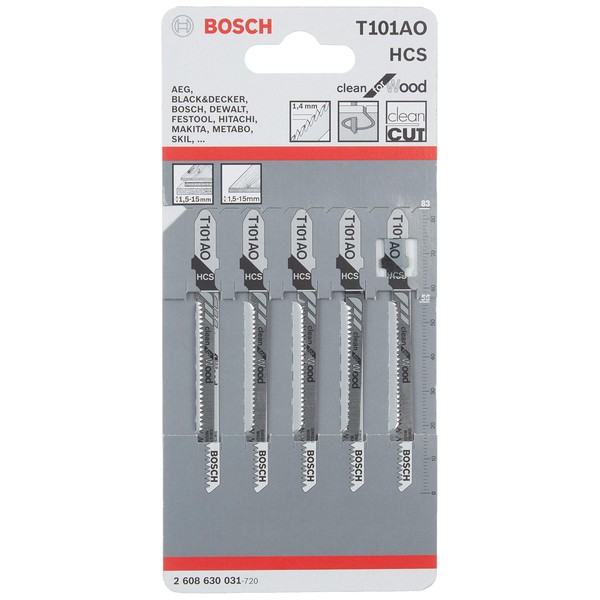 Bosch Professional 5 x Jigsaw blade T 101 AO Clean for Wood (for softwood, curved cut, accessories jigsaw)
