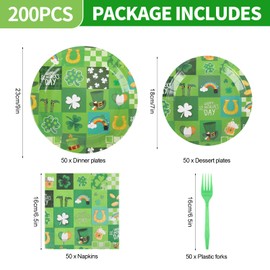 200Pcs St Patrick's Day Party Plates Supplies,Green Shamrock Paper Plates,Napkins,and Forks Kit for St. Patrick's Day Party Decorations,Serve 50