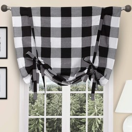 GoodGram Country Farmhouse Rod Pocket Black & White Large Plaid Gingham Check Tie Up Window Curtain Shade