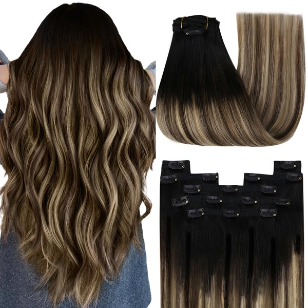 Sunny Clip-In Real Hair Extensions, 14-24 inches/35.5-61 cm Remy Real Hair Extensions, 120 g, Pack of 7 Real Hair Clips