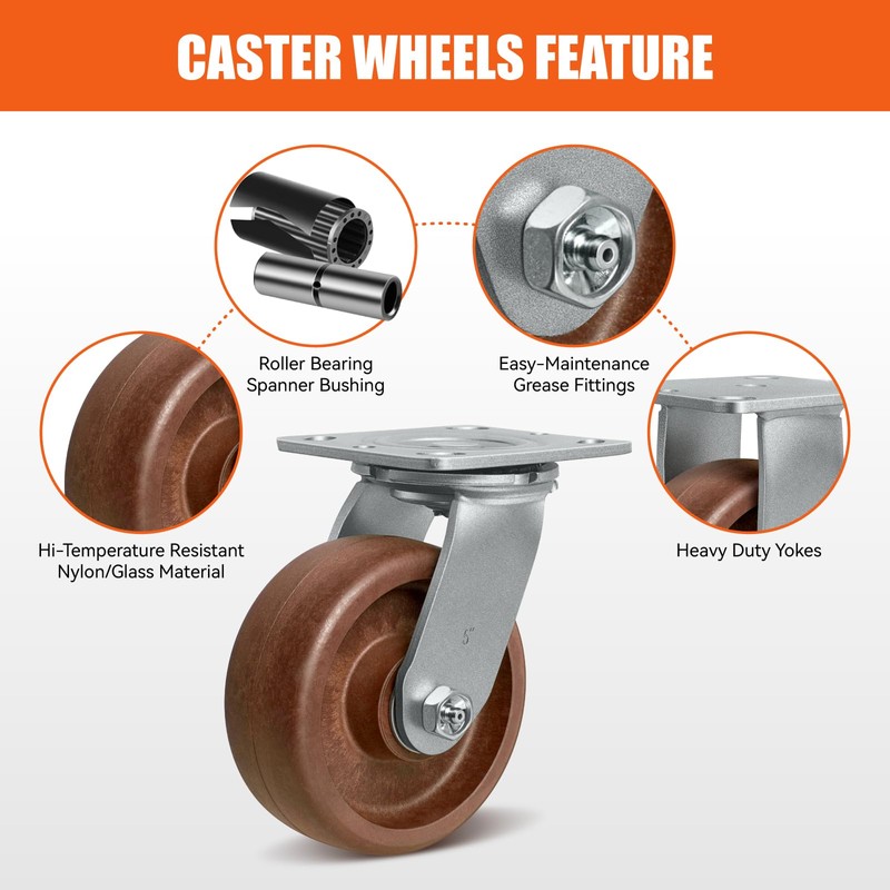 CWfutureparts 5"X2" High-Temp Nylon Heavy Duty Casters,1 Swivel Caster, Industrial