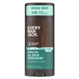 Every Man Jack All Over Deodorant - 24 Hour Whole Body Odor Protection - Aluminum Free - Coastal Surf Scent 2.6 oz (1 Pack)