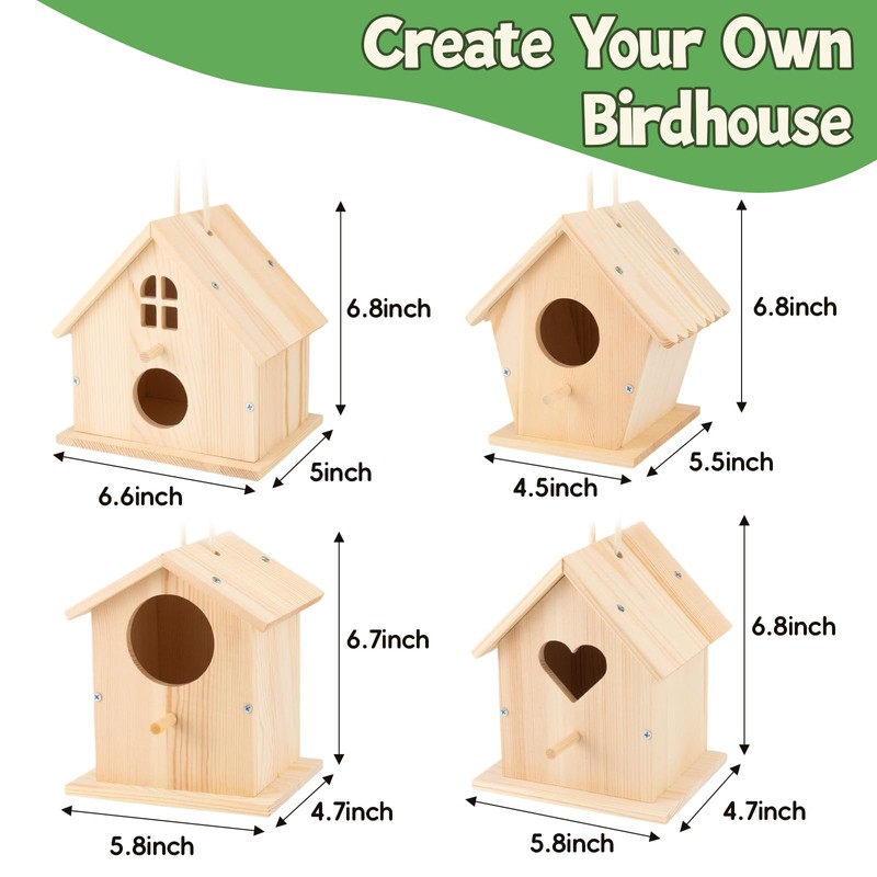 4 Pack Wooden DIY Birdhouse Kit, Art Craft Painting Kit