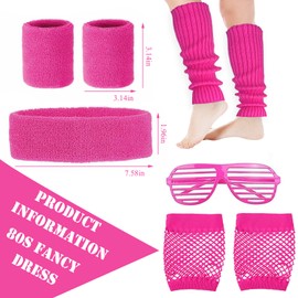 Carreuty 8Pcs Women Ladies 80s Accessories, Pink 80s Fancy Dress Accessories for Women with Wristband Leg Warmers Fishnet Gloves Headband Glasses for Retro Parties Hen Do Parties Girls Kids…