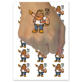 Fix It Grumpy Construction Worker Builder Foreman Temporary Tattoo Water Resistant Fake Body Art Set Collection - 15 2" Tattoos (1 Sheet)