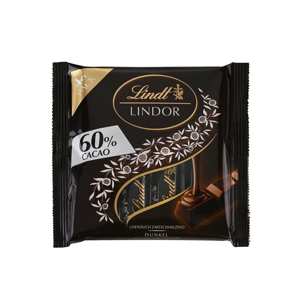 Lindt LINDOR Dark Chocolate Sticks | 4 x 25g Chocolate Bars | With Soft Melting Chocolate Filling with 60% Cocoa | Chocolate Gift | Gift