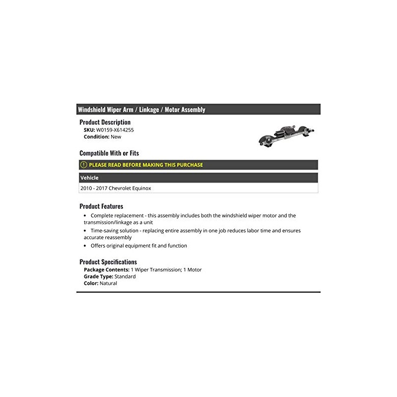 Windshield Wiper Arm/Linkage/Motor Assembly - Compatible with 2010-2017 Chevy Equinox