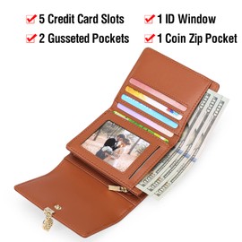 GOIACII Leather Purses for Women Small Size, Ladies Purse with RFID Blocking, Wallet for Women with Leaf Pendant Zipper Coin Pocket