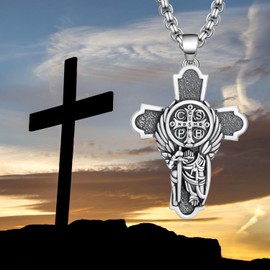 Hantuorui 925 Sterling Silver Saint Michael & St. Benedict Cross Pendant Necklace - Guardian Angel Amulet for Men & Women