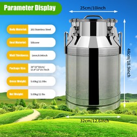 KONKENIE 30L Stainless Steel Milk Can with Lid & Handle Milk Wine Water Oil Storage Bucket Liquid Transport Barrel Rice Cereal Airtight Canister Container for Kitchen Bar Restaurant Silver (30L)