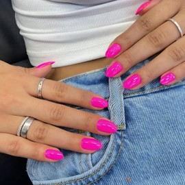 Hot Pink Nails Press on, Neon Short Oval Round Press on Nails, SXVME Fushia Glue on Nails Short Almond Fake Nails, Best Acrylic False Nails, Solid Colored Stick on Nails for Women 24Pcs Gel Nails