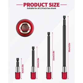 4 Pcs Red Drill Bit Extension Set, 1/4 Inch Magnetic Drill Extension Bit Holder, Quick Release Impact Driver Drill Extension, CR-V Steel, for Screws, Nuts,Drill Bits